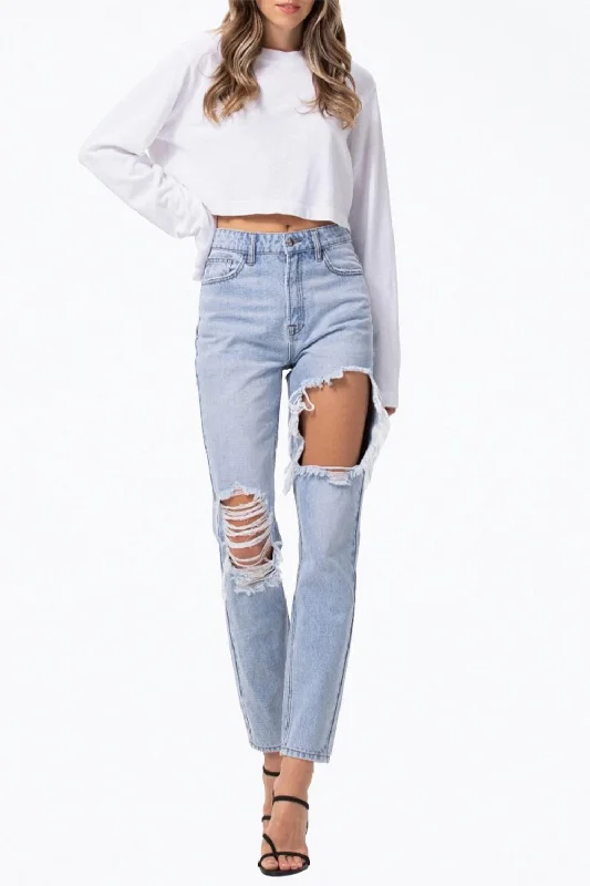 Deal Mania High-Rise Distressed Tapered Jeans In Light Blue