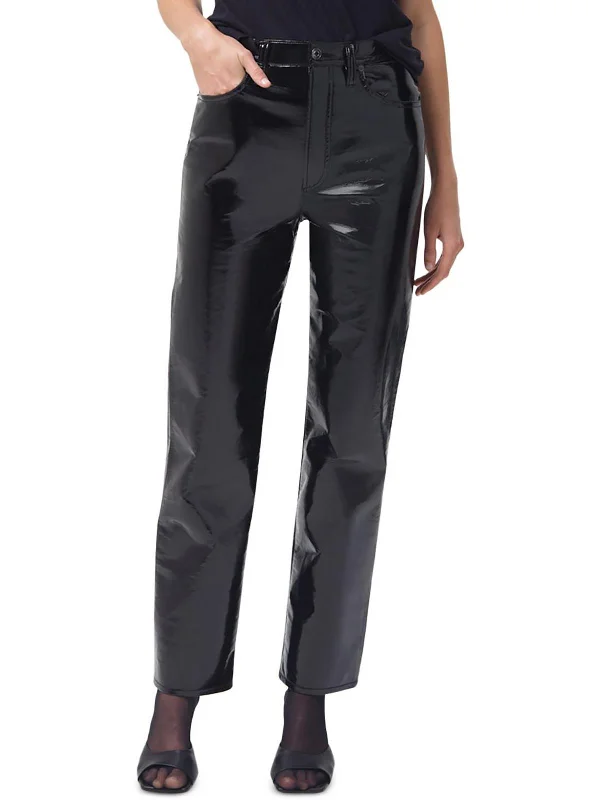 Discount Mania Womens Recycled Leather Blend Pinch Waist Straight Leg Jeans