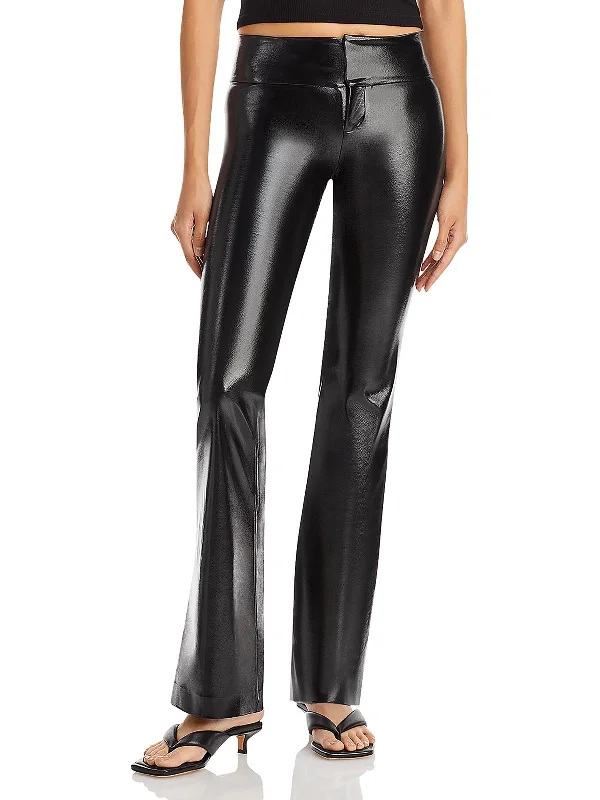 Can't Miss Womens Faux Leather Flare Flared Pants