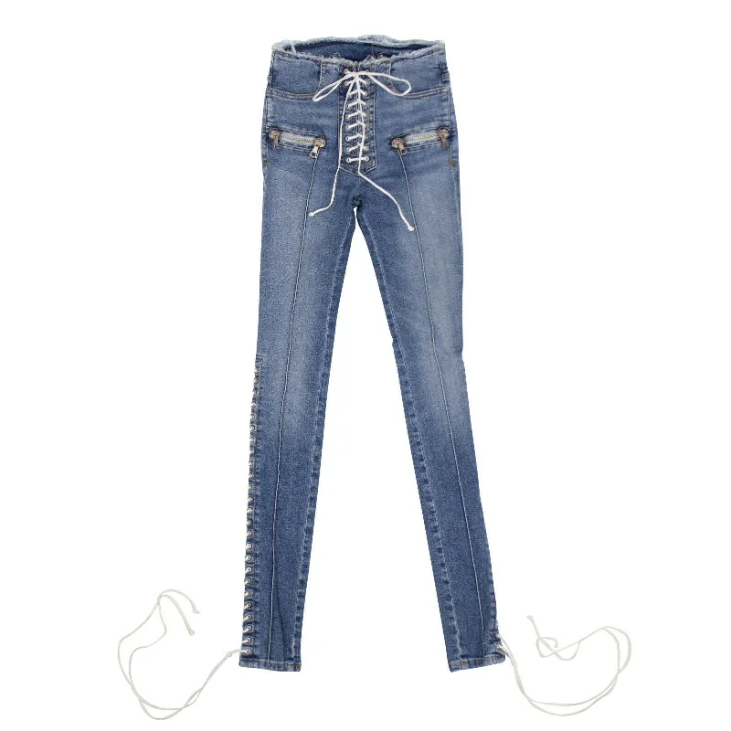 Deal Dash Unravel Project Denim Cotton Lace Up Skinny Jeans Pants - Blue