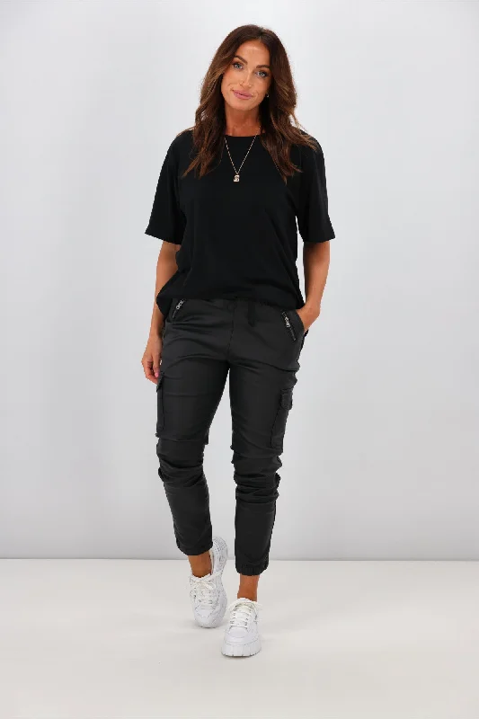 Hurry Up Wakee Jordan Leather Look Cargo Pants Black
