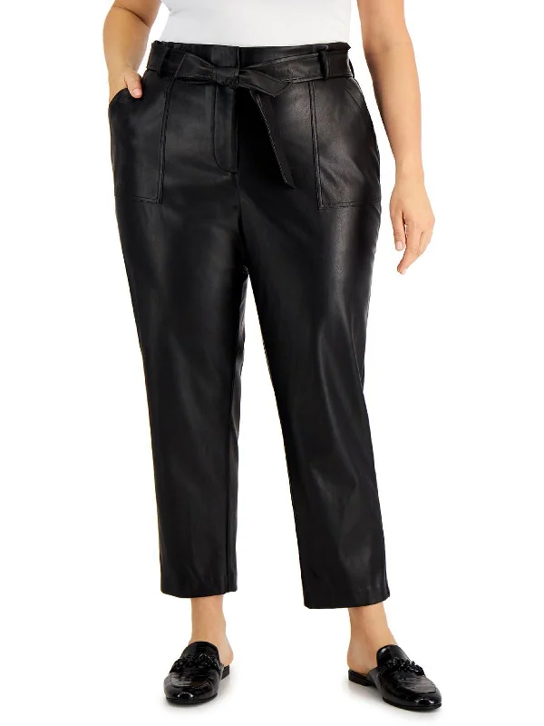 Early Access Plus Womens Faux Leather Tie Waist Straight Leg Pants