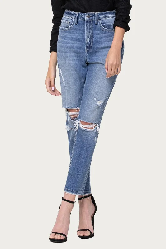 Price Reduction Comfort Stretch High-Rise Distressed Mom Jeans In Hollow