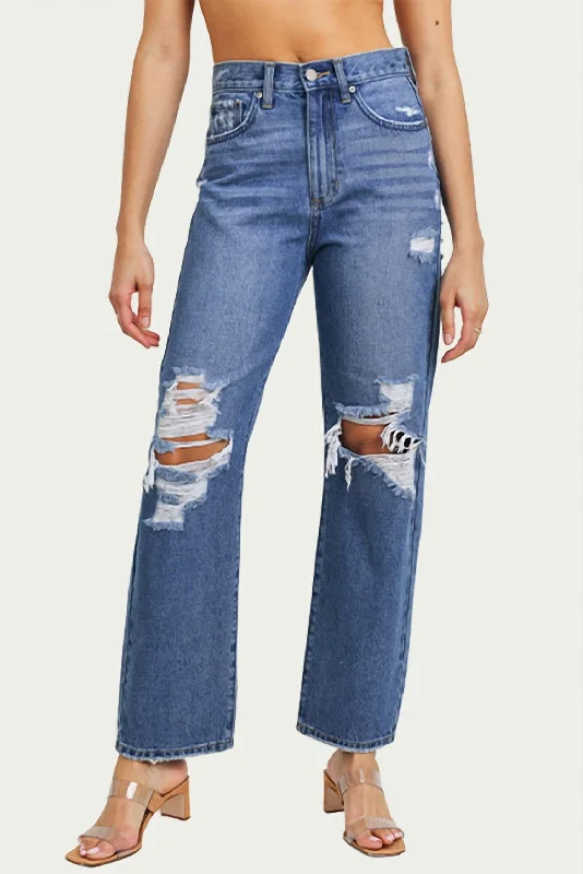 Quick Sale Distressed High-Rise Straight-Leg Jeans In Medium Denim
