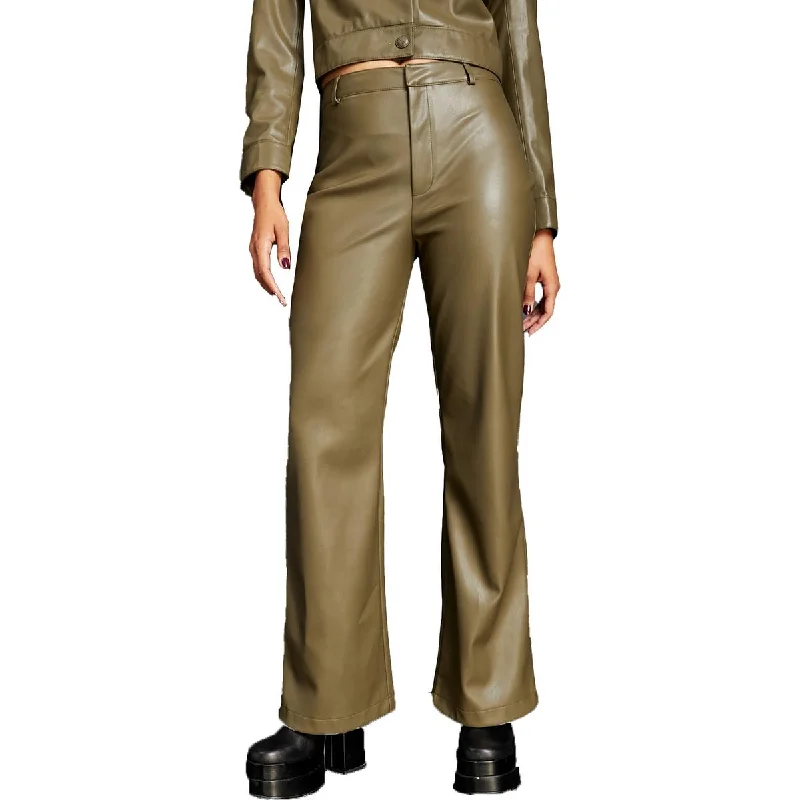 Weekend Discounts to Snag Womens Faux Leather High Waist Flared Pants