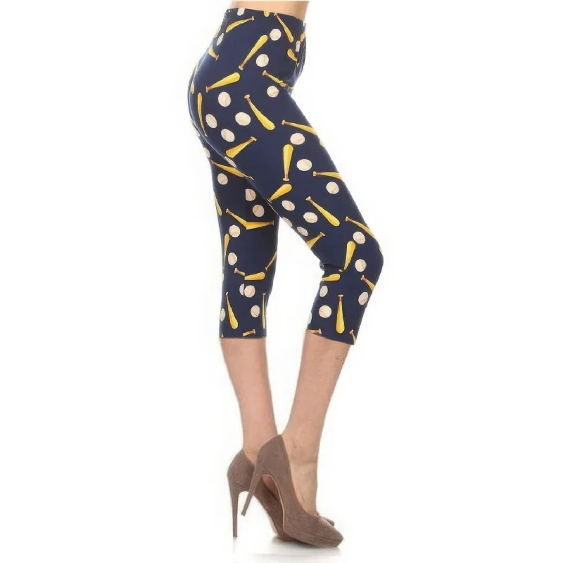 Special Buy Baseball Printed, High Waisted Capri Leggings In A Fitted Style With An Elastic Waistband