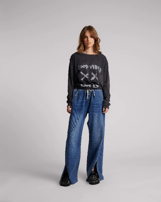 Midnight Sale One Teaspoon Roadhouse Wide Leg Drawstring Jean Deep Blue
