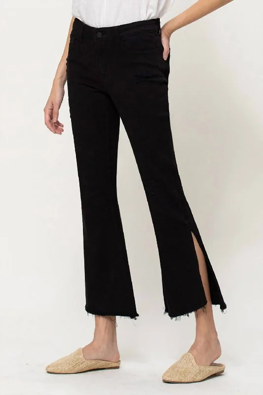 Huge Discounts Mid Rise Crop Flare Jean With Side Slit In Black