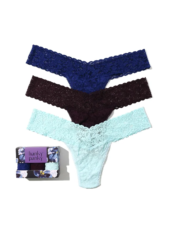Mega Sale 3 Pack Signature Lace Low Rise Thongs In Printed Box Midnight Blue