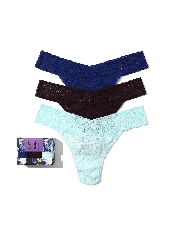 Discount Mania 3 Pack Signature Lace Original Rise Thongs In Printed Box Midnight Blue