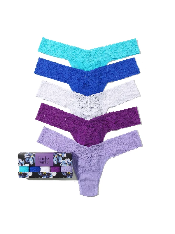 Can't Be Beat 5 Pack Signature Lace Low Rise Thongs In Printed Box Tempting Turquoise