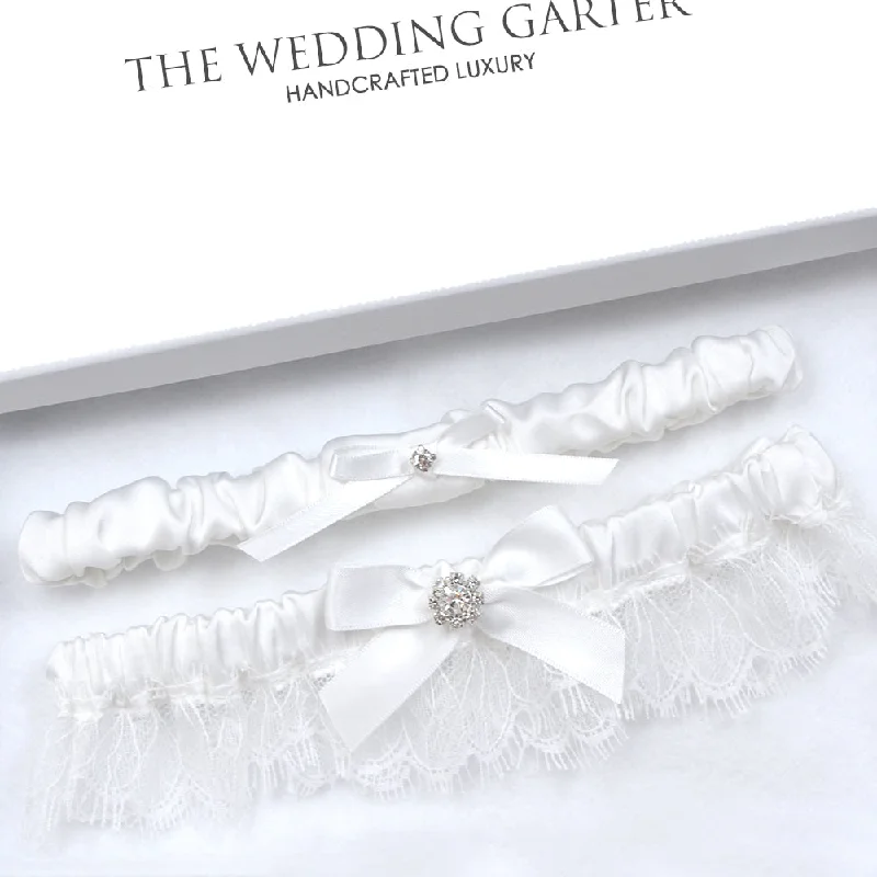 Price Drop Ada White Chantilly Lace & Satin Wedding Event Garter Set