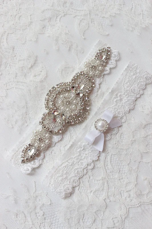 Best Seller ALICE | White Lace Wedding Garter Set with Crystals and Pearls - Classic Wedding Garter