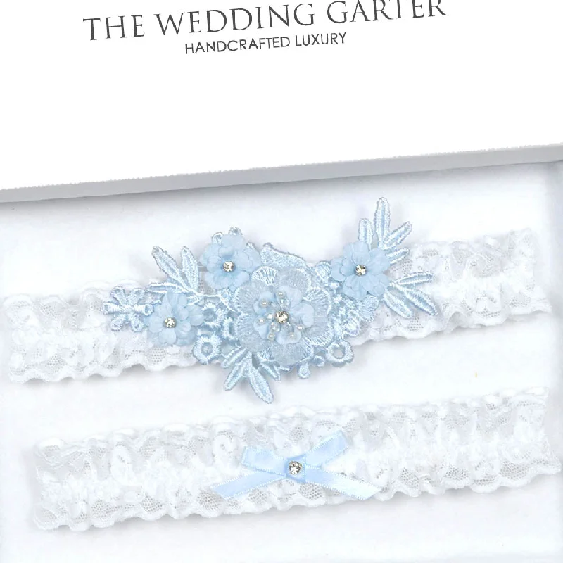 Act Now Blue Floral Lace Applique Brides Garter Set