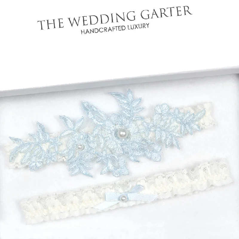 Best Deals Blue Lace Applique & Ivory Lace Bridal Garter Set