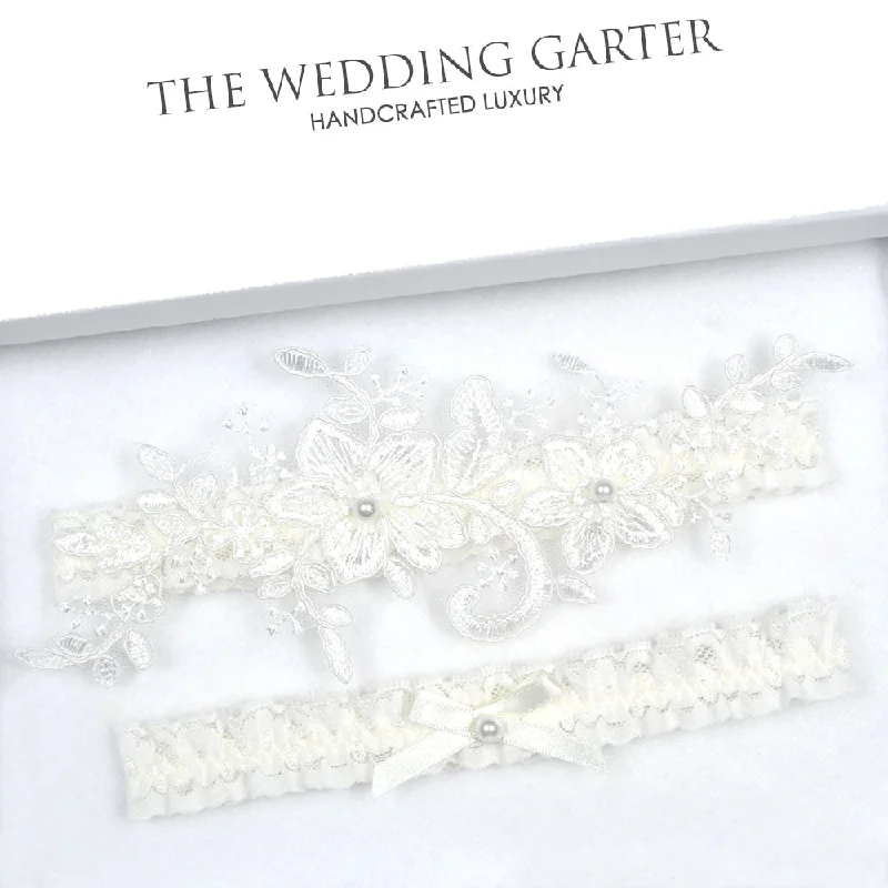 Shop and Save Delicate Floral Lace Applique Ivory Bridal Garter Set