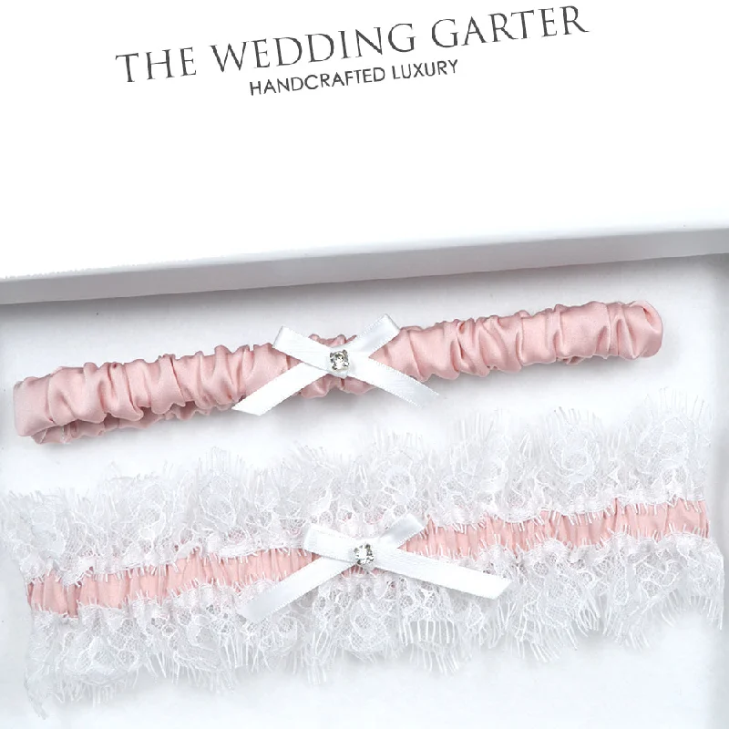 Final Clearance Edie Powder Pink & Chantilly Lace Satin Wedding Garter Set (15 Colours)