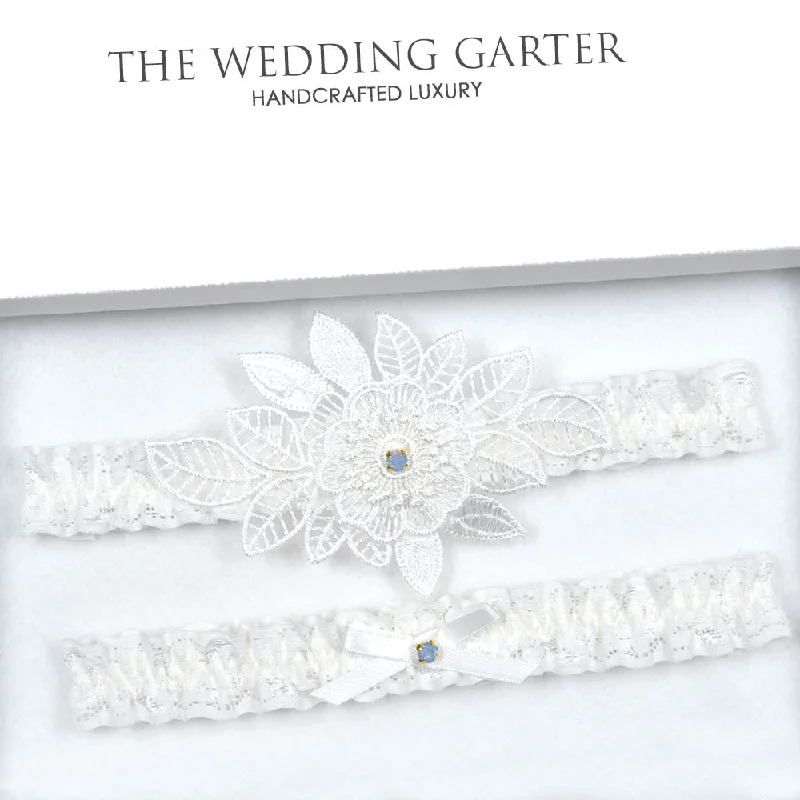 Value Deals Floral Applique Garter Set With Blue Opal Charms