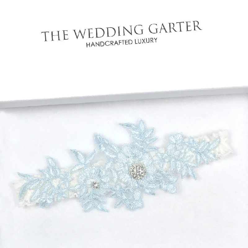 Super Bargain Ivory Floral Lace With Blue Applique Bridal Garter