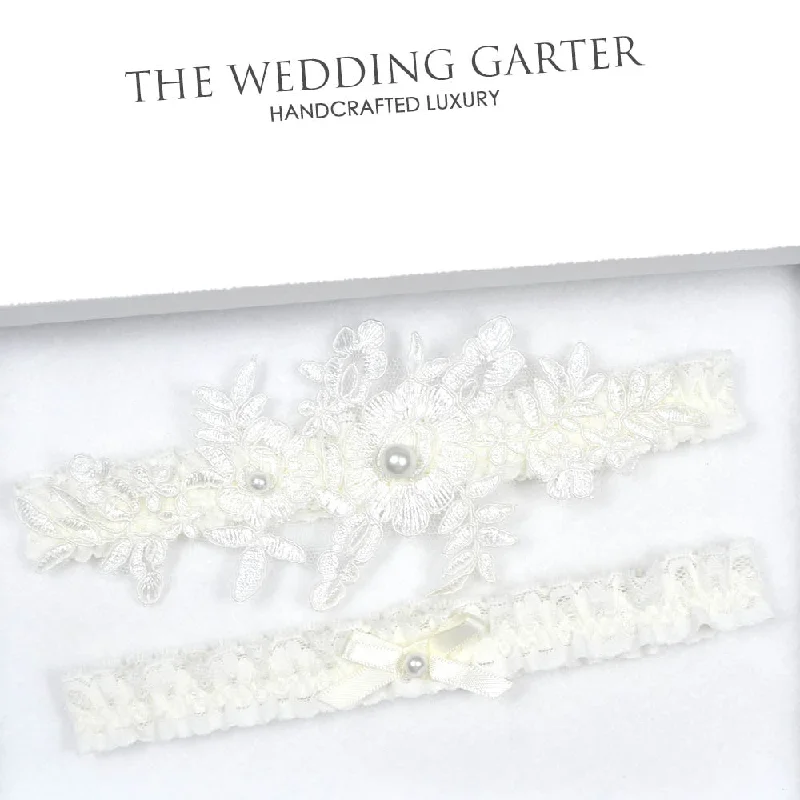 Bonus Offer Ivory Lace & Pearl Wedding Garter Set With Floral Applique