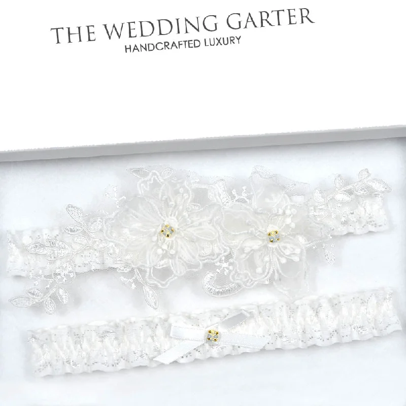Deal Alert Ivory Organza Flowers Garter Set With Opal Charms