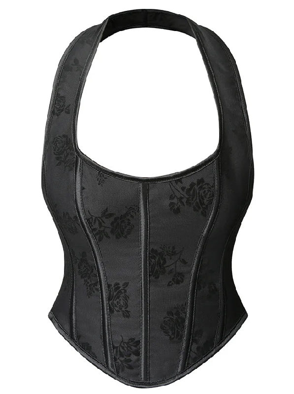 Price Blitz Retro Sexy Printed Hanging Neck 13 Plastic Boned Lace-up Overbust Corset Black
