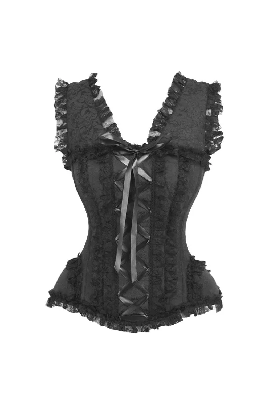Epic Deals Top Drawer Black Brocade & Lace Steel Boned Corset w/Cap Sleeves