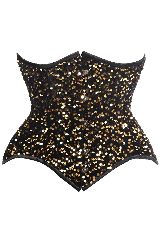 Bargain Bin Top Drawer Black/Gold Sequin Steel Boned Underbust Cincher Corset