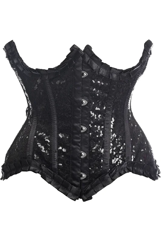 Seasonal Sale Top Drawer Black Satin & Sequin Underwire Curvy Cut Steel Boned Waist Cincher Corset Seasonal Sale Top Drawer Black Satin & Sequin Underwire Curvy Cut Steel Boned Waist Cincher Corset