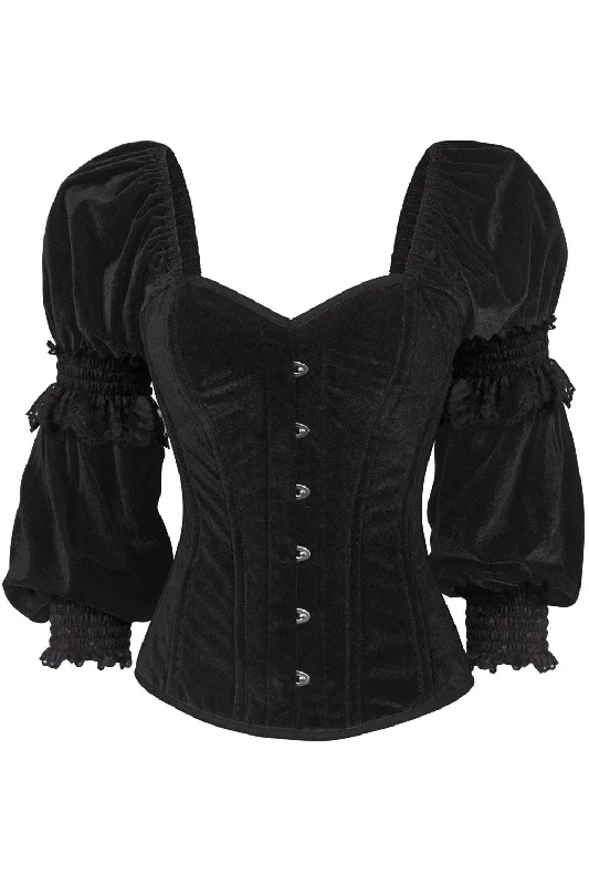 Year-End Sale Top Drawer Black Velvet Steel Boned Long Sleeve Corset