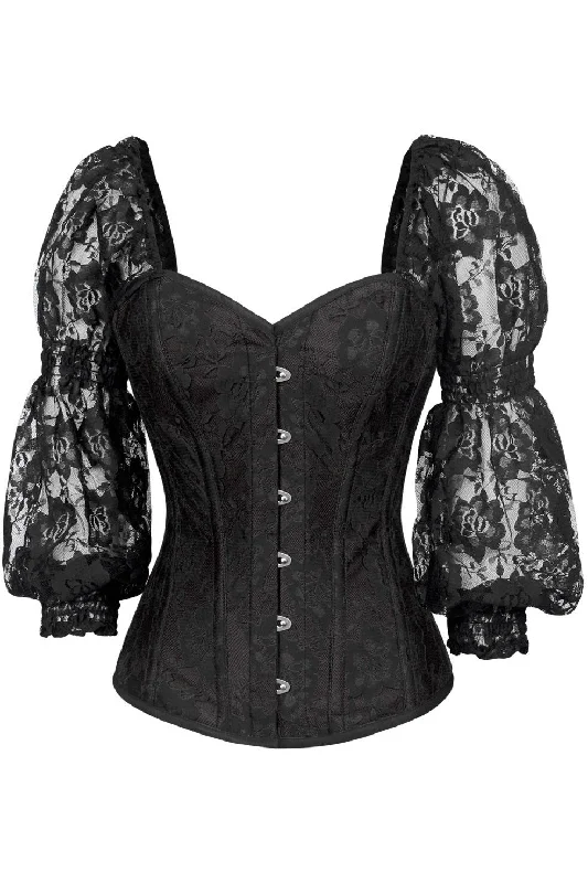 Unmissable Offer Top Drawer Black w/Black Lace Steel Boned Long Sleeve Corset