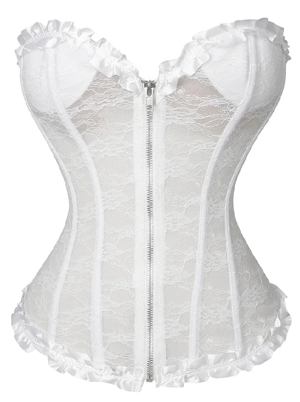 New Arrival Victorian Burlesque Gothic Floral Mesh Zipper Overbust Bustier Corset For Women White