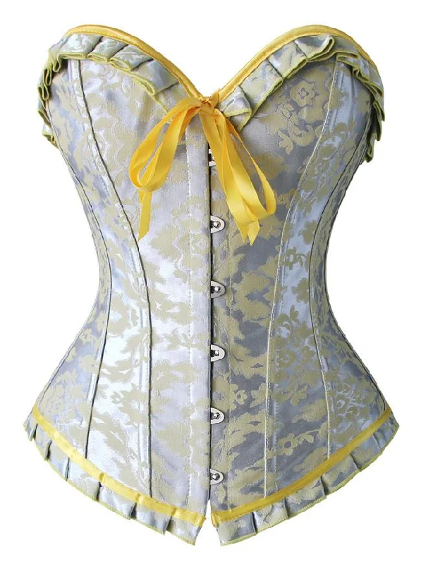 Season Finale Sale Vintage Satin Brocade Bust Ruffles Silver Overbust Corset Top for Women Season Finale Sale Vintage Satin Brocade Bust Ruffles Silver Overbust Corset Top for Women