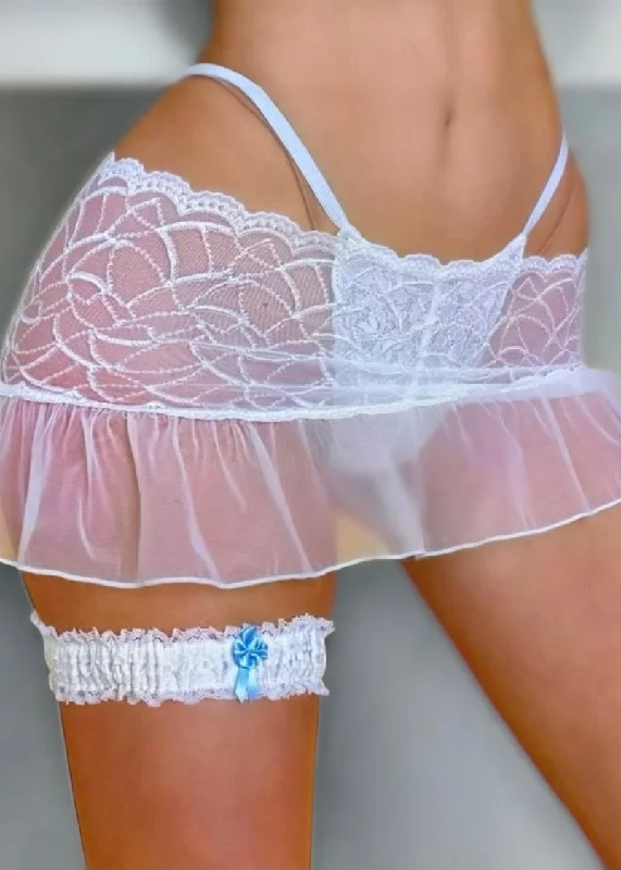 Limited Offer Vintage Lacey White Thigh-Garter Band with Pastel Blue Ribbon | 90s Coquette Style
