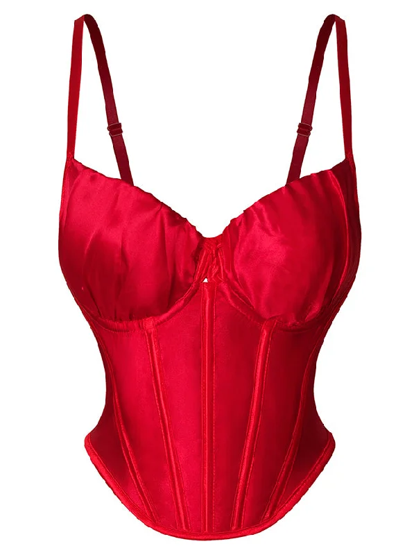 Instant Savings Women Retro Spaghetti Straps Backless Plastic Bones Lace-up Overbust Corset Red
