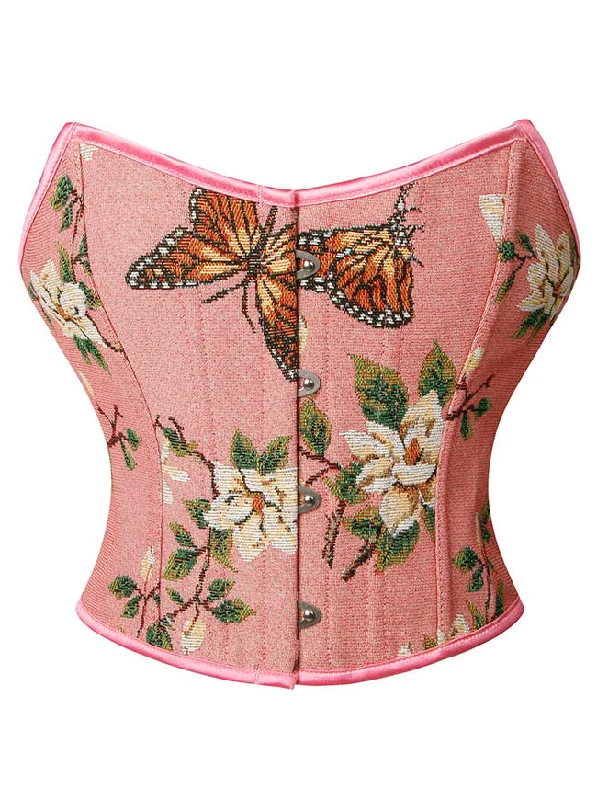 Deal Frenzy Women's Renaissance Vintage Floral Printed Short Overbust Corset Crop Top Pink