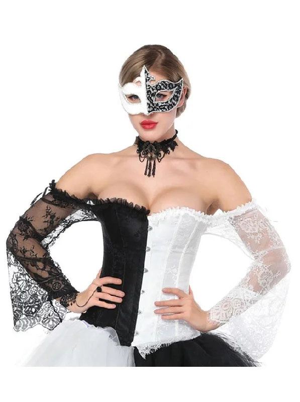Fantastic Offers Off-Shoulder Burlesque Overbust Corset with Long Floral Lace Sleeve Black/White Fantastic Offers Off-Shoulder Burlesque Overbust Corset with Long Floral Lace Sleeve Black/White