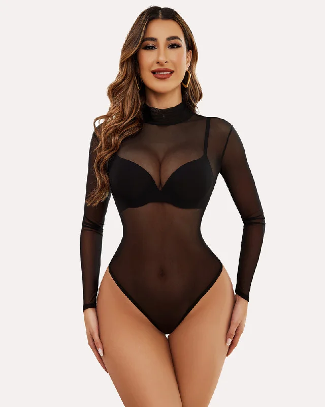 Incredible Offers Turtleneck Sheer Mesh Bodysuit Geo Print Leotards