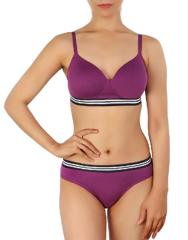 Deal Alert LOSHA LIGHTLY PADDED NON WIRED TSHIRT BRA WITH MATCHING PANTY-PURPLE