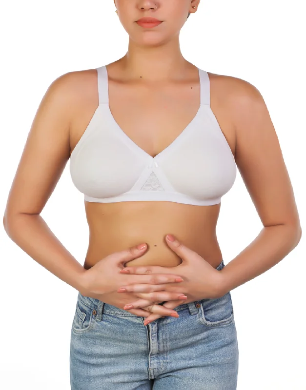 New Markdowns Losha Wirefree Super Support Cotton bra With Touch Of Lace -White