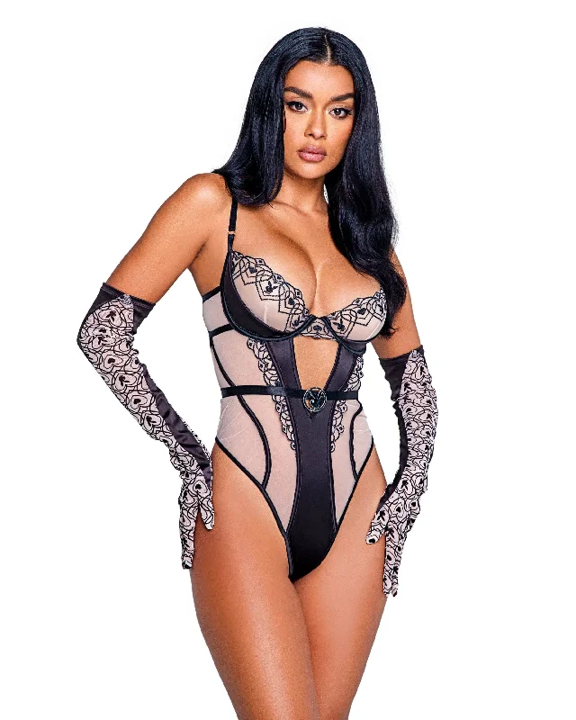 Great Bargains Nude Sheer Mesh Playboy Underwire Top Thong Teddy w/ Logo (Plus Size Available)