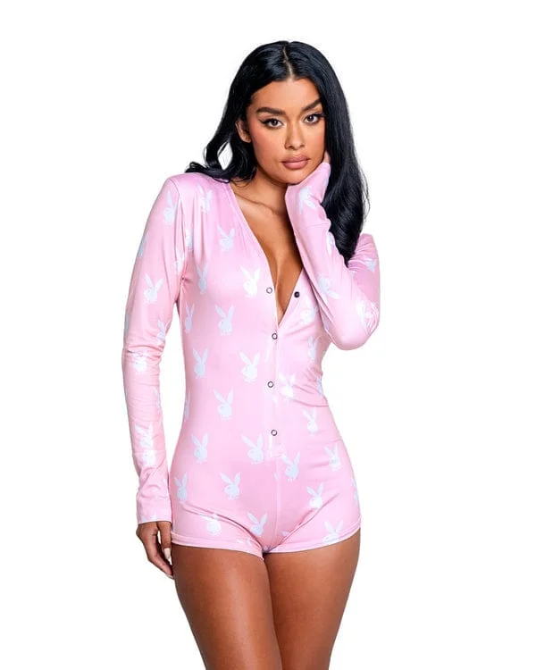 Discount Days Pink Playboy Bunny Print Slumber Romper (Plus Size Available)