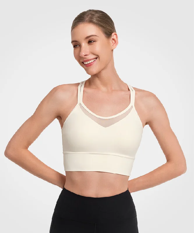 Early Bird Shift Longline Mesh Strappy Padded Yoga Bra | Women's Light Support Sports Bra