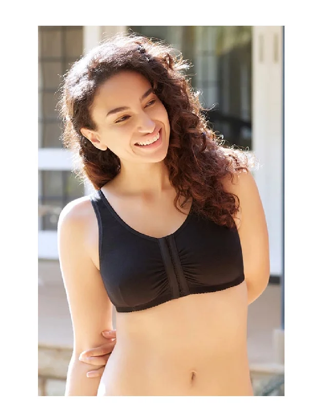 Super Discount Losha Cotton Wire-free Darted Cup Front Open Bra-Black